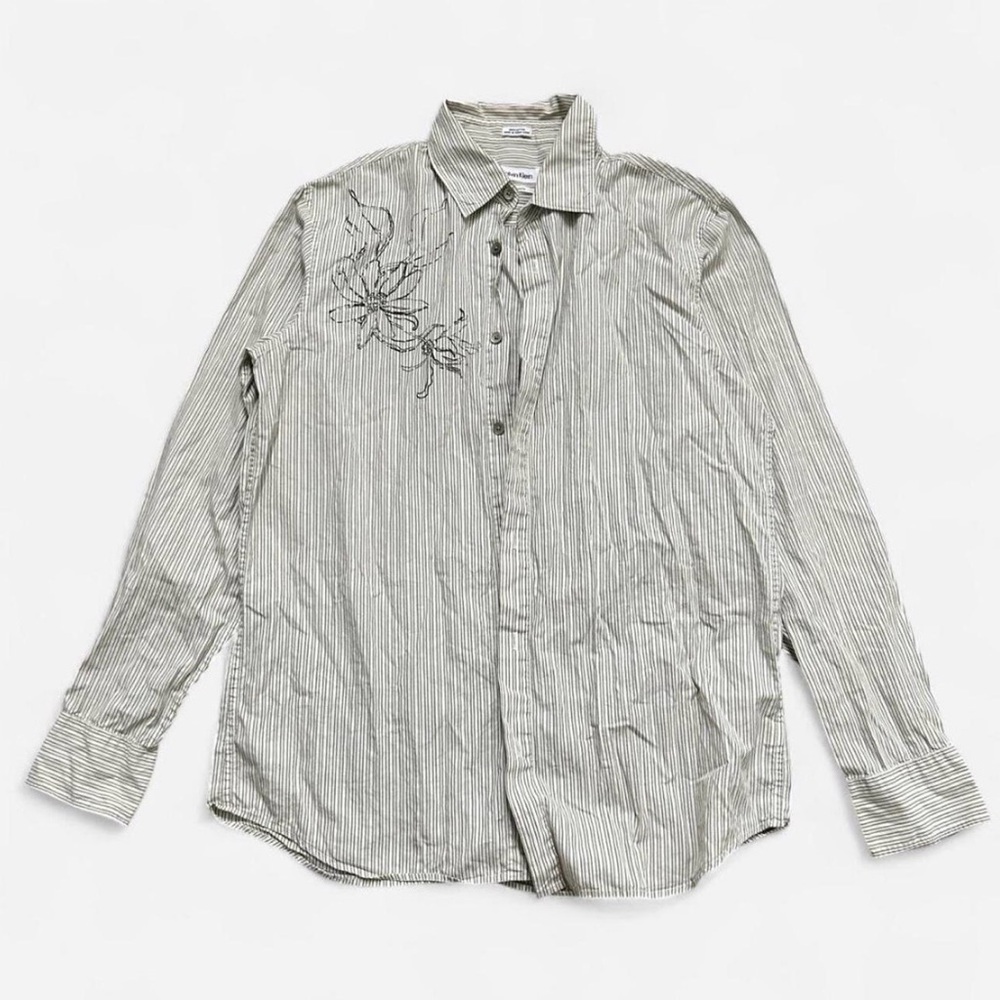 Men's Calvin Klein Striped Long-Sleeve Button-Up Shirt in Light Gray
